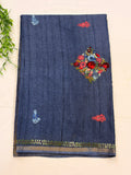Blue Tussar Floral Embroidered Designer Saree