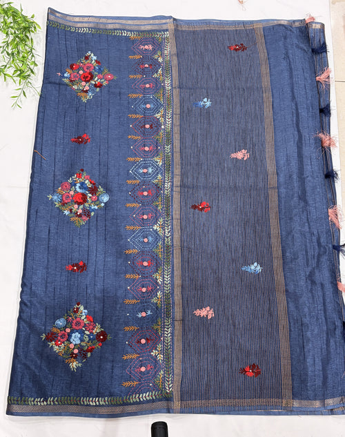 Blue Tussar Floral Embroidered Designer Saree