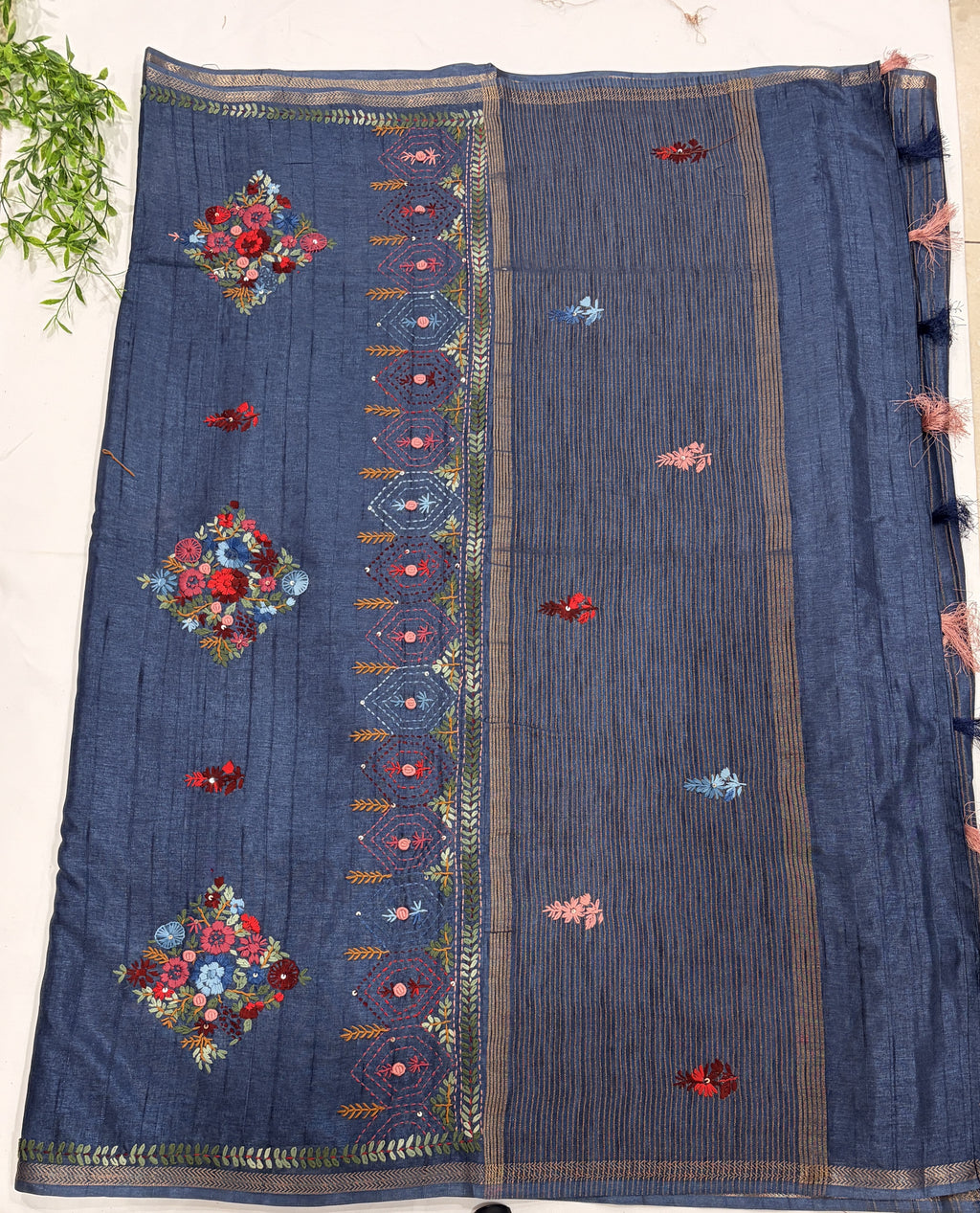 Blue Tussar Floral Embroidered Designer Saree