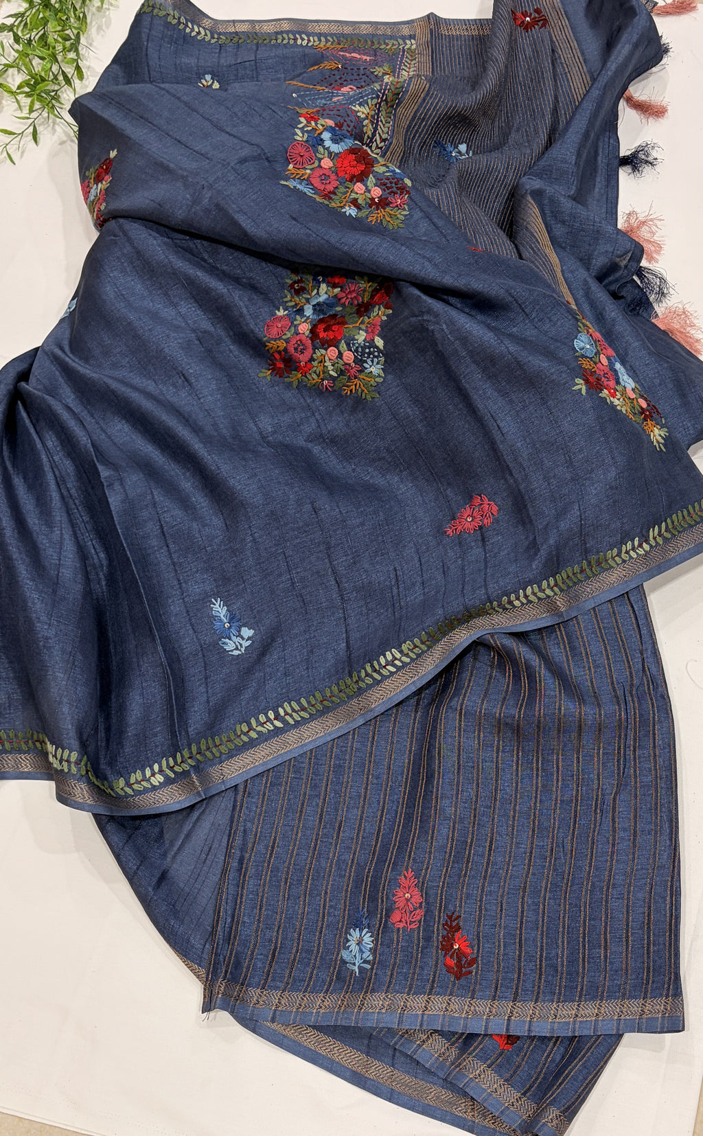 Blue Tussar Floral Embroidered Designer Saree
