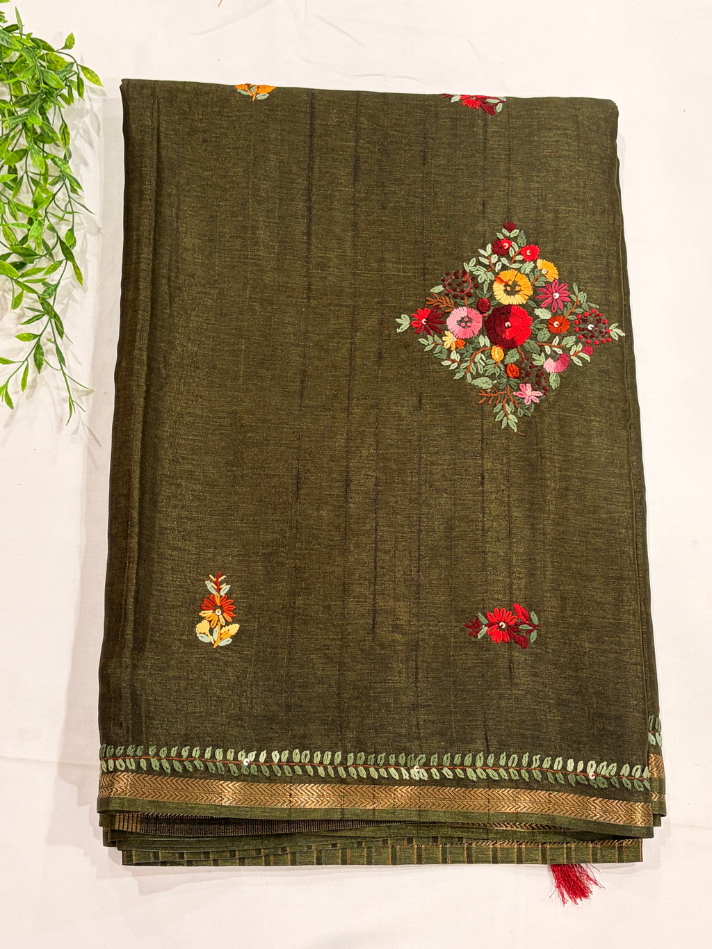 Olive Green Tussar Floral Embroidered Saree