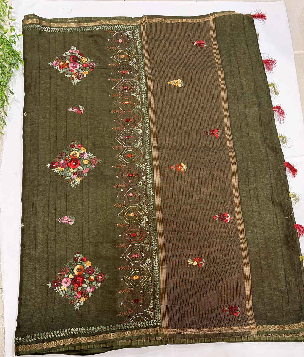 Olive Green Tussar Floral Embroidered Saree