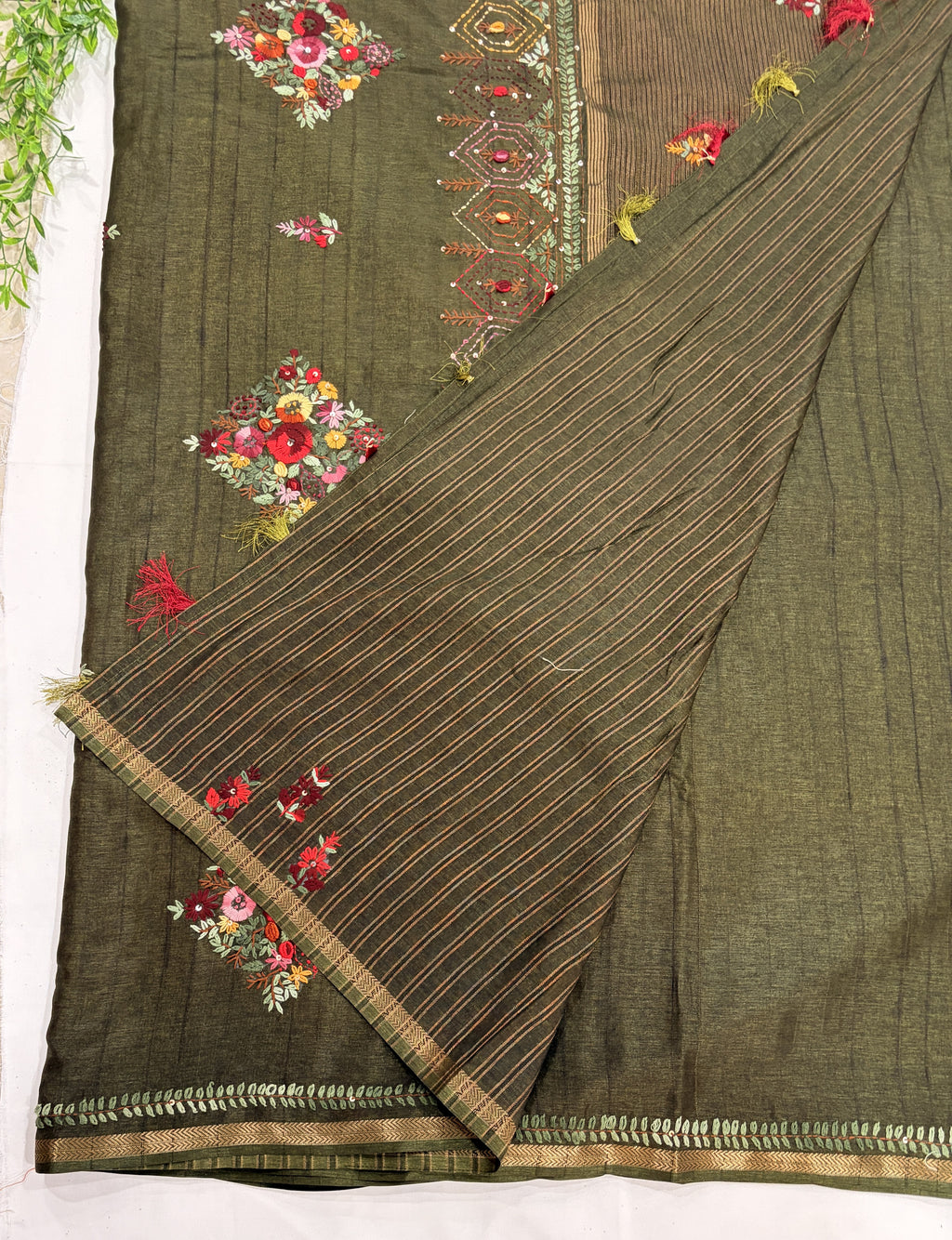 Olive Green Tussar Floral Embroidered Saree