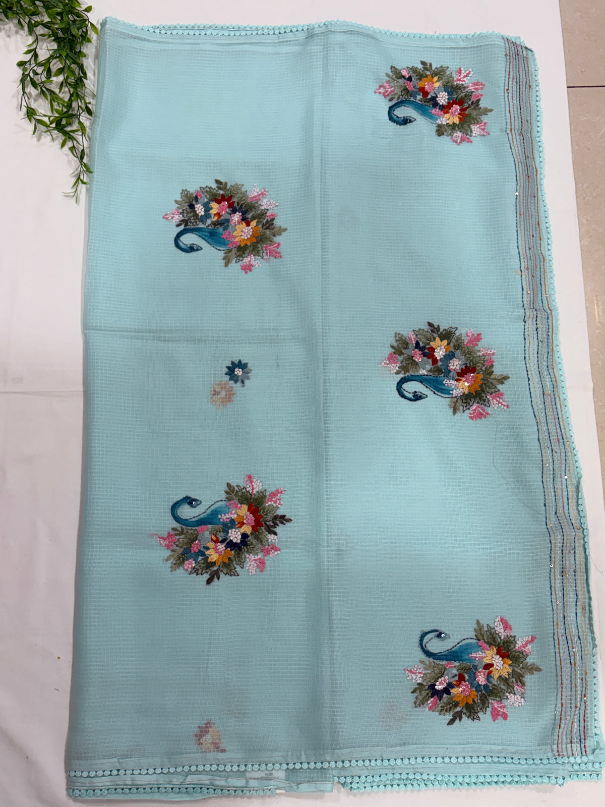Sky Blue Kota Embroidered Peacock Designer Saree