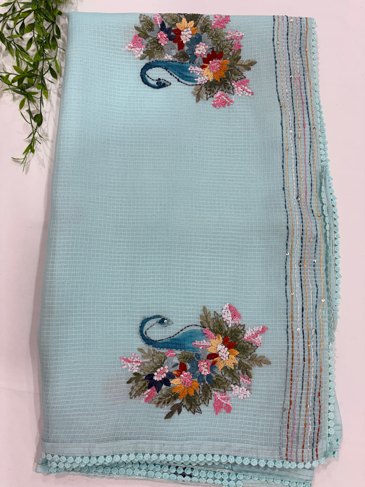 Sky Blue Kota Embroidered Peacock Designer Saree