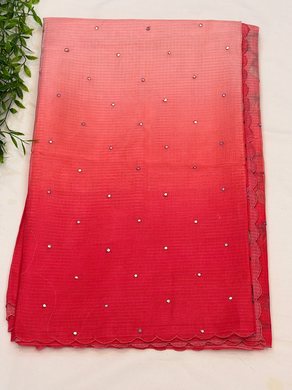 Double Shade Red Kota Doria Saree scalloped border