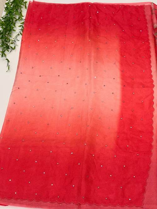 Double Shade Red Kota Doria Saree scalloped border