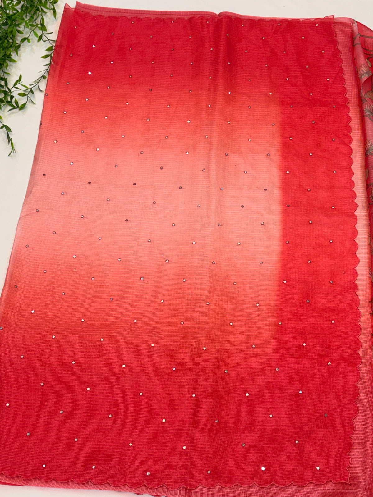 Double Shade Red Kota Doria Saree scalloped border