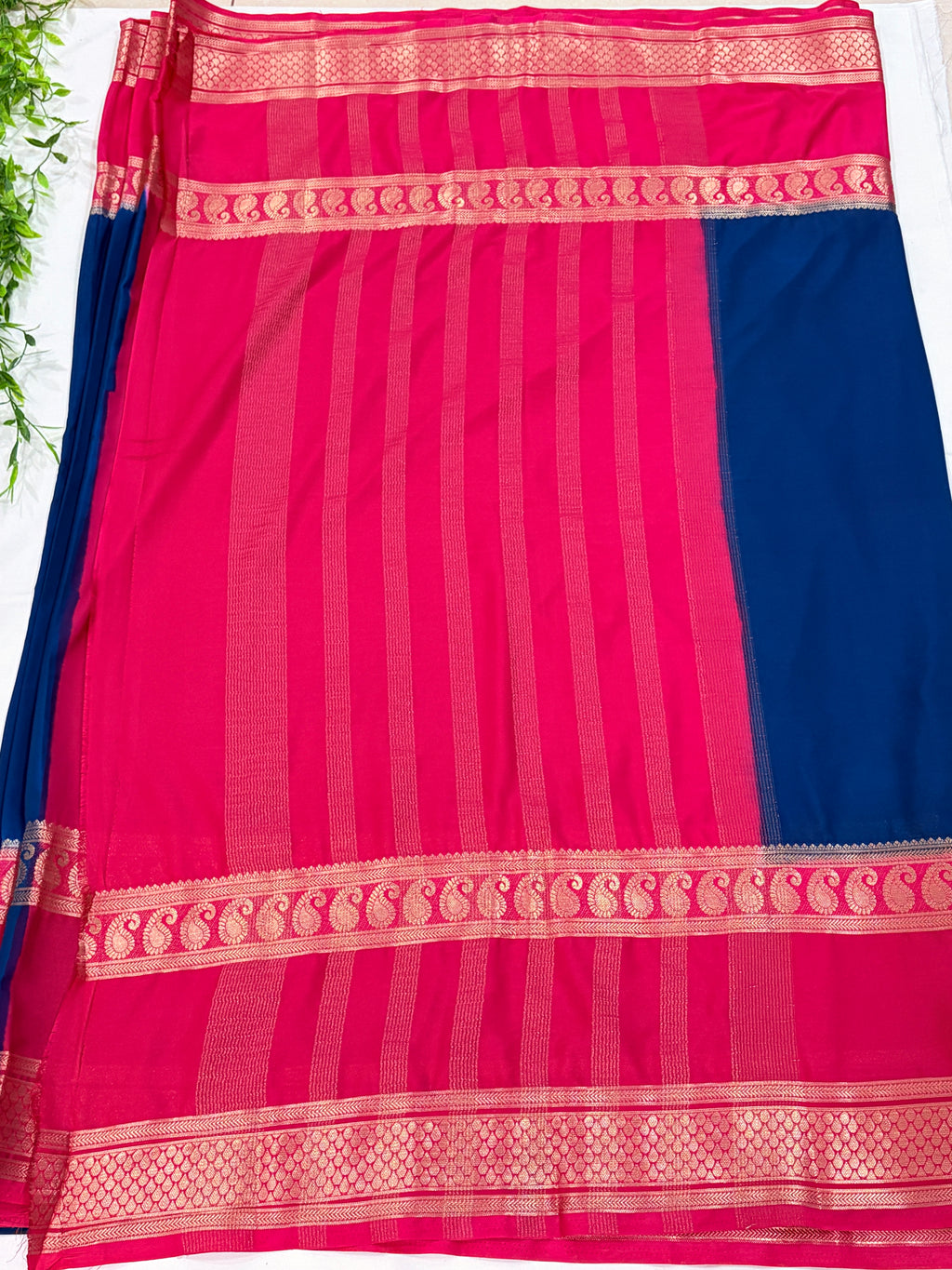 navy Blue with Pink Gap Zari Border soft Crepe silk Saree