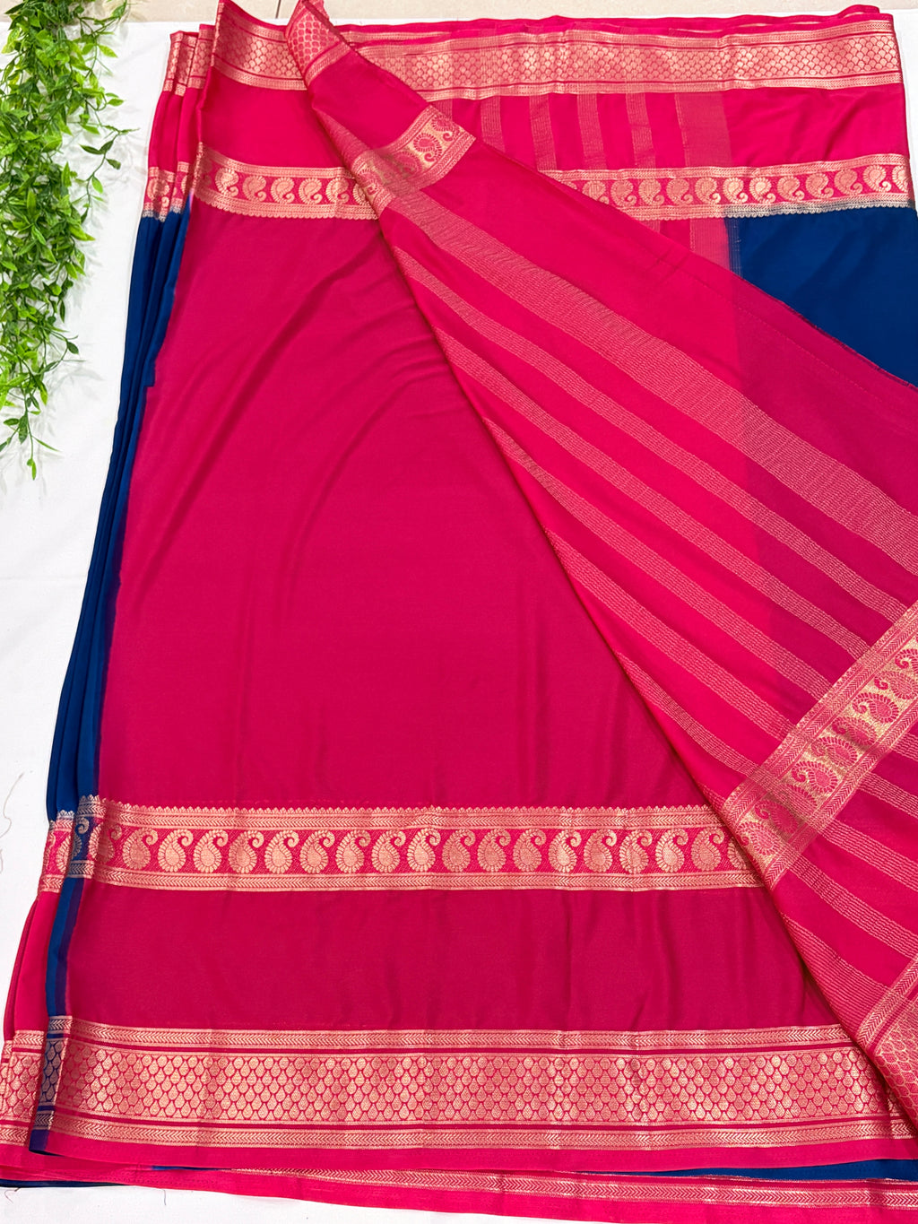 navy Blue with Pink Gap Zari Border soft Crepe silk Saree