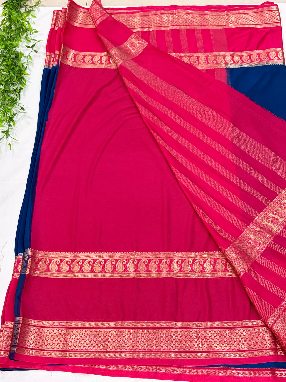navy Blue with Pink Gap Zari Border soft Crepe silk Saree
