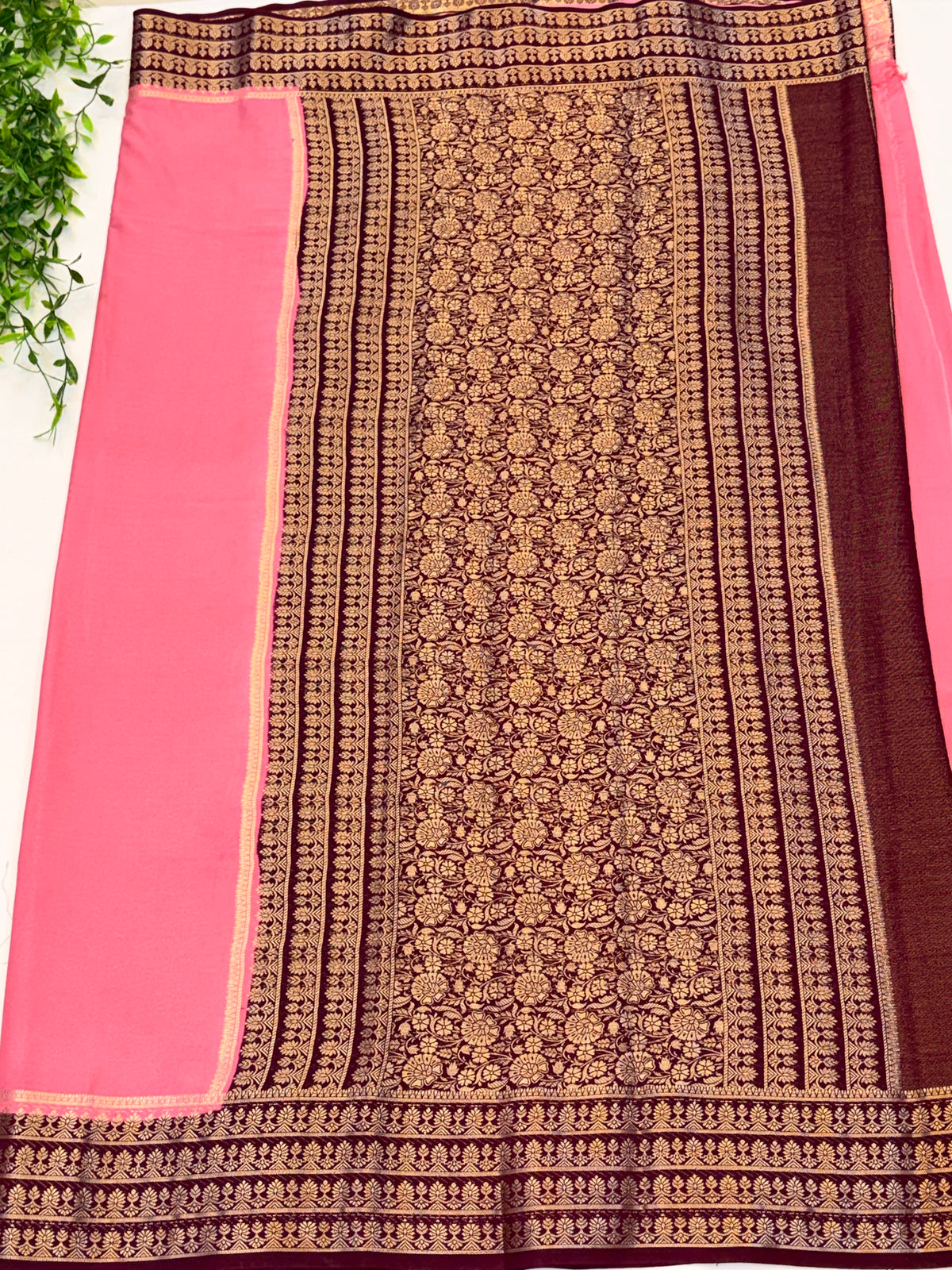 Peach Crepe Silk saree with Maroon Zari Border