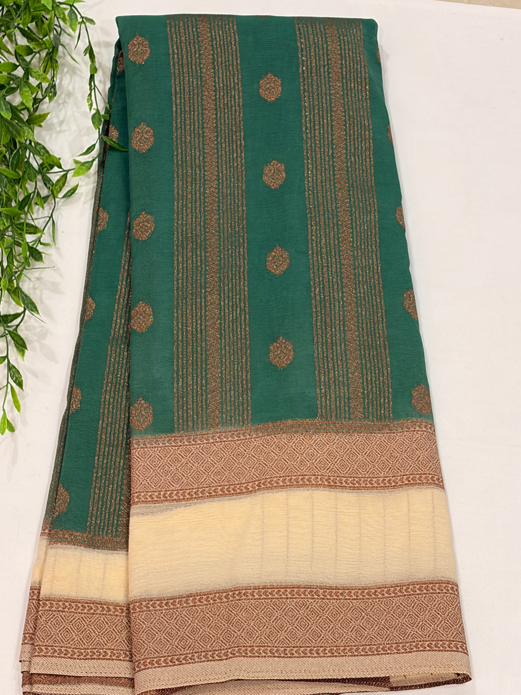 Emerald Green Saree with Cream Zari gap border