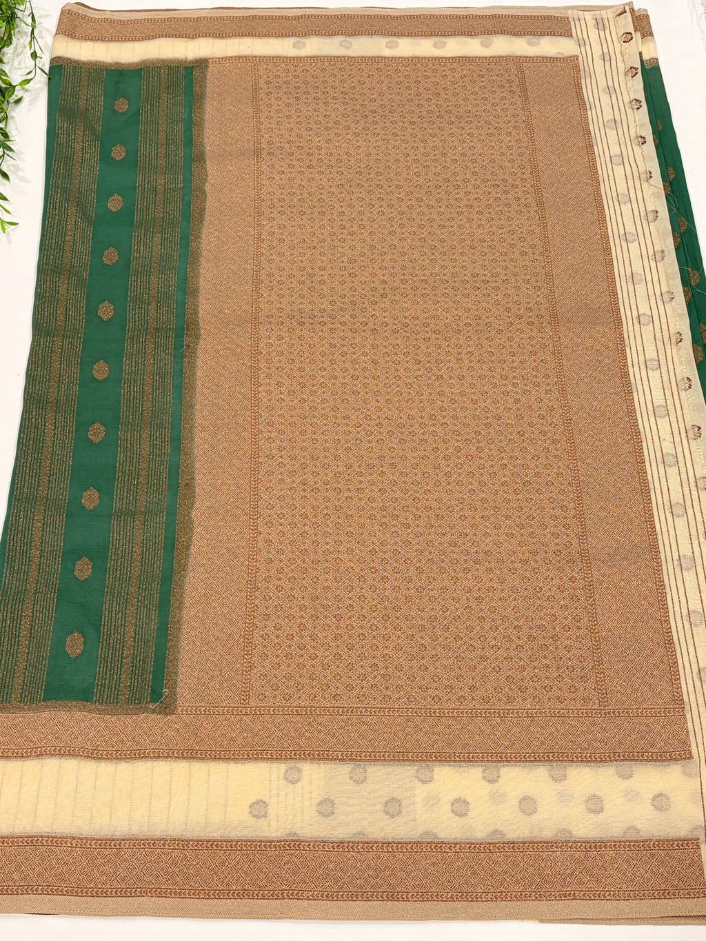 Emerald Green Saree with Cream Zari gap border