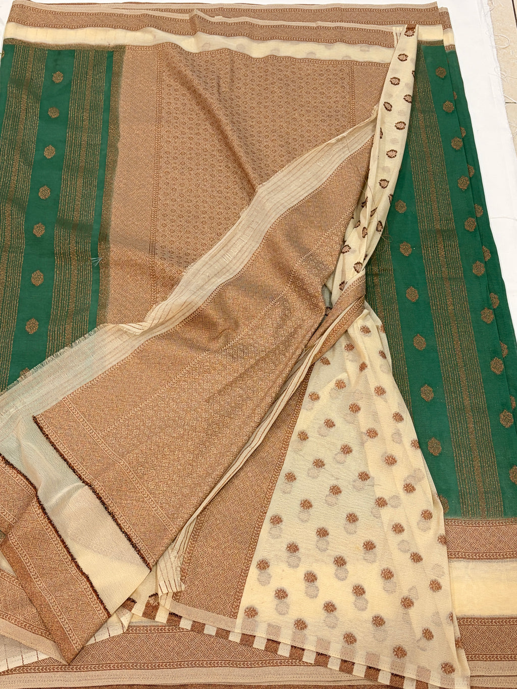 Emerald Green Saree with Cream Zari gap border
