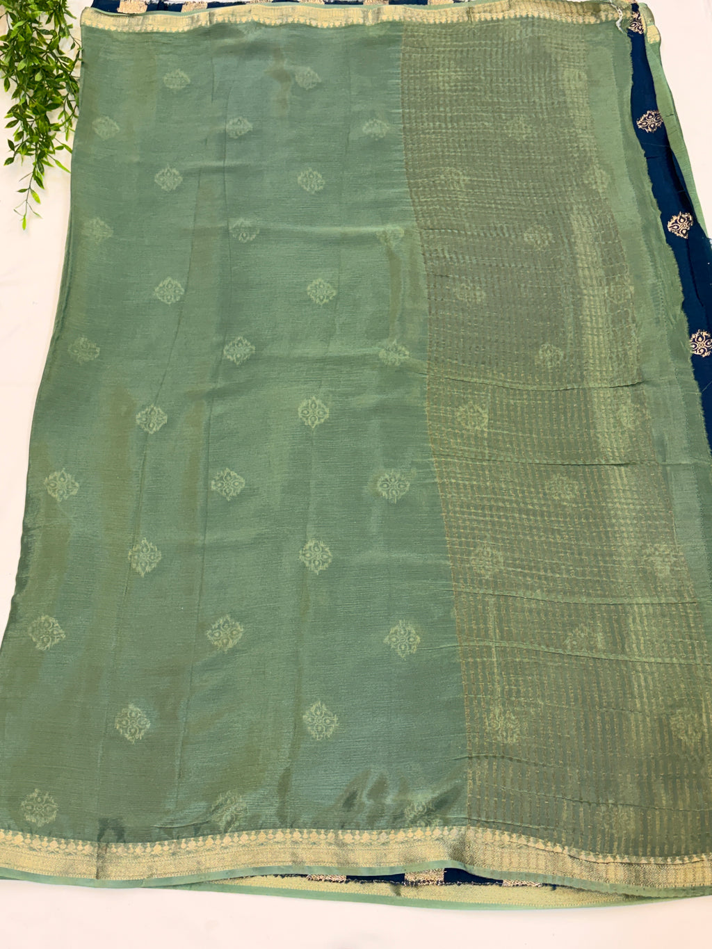Sage Green Saree with Contrast Navy Blue blouse