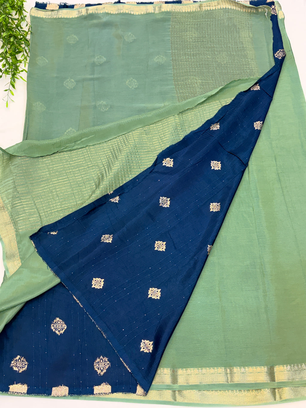 Sage Green Saree with Contrast Navy Blue blouse