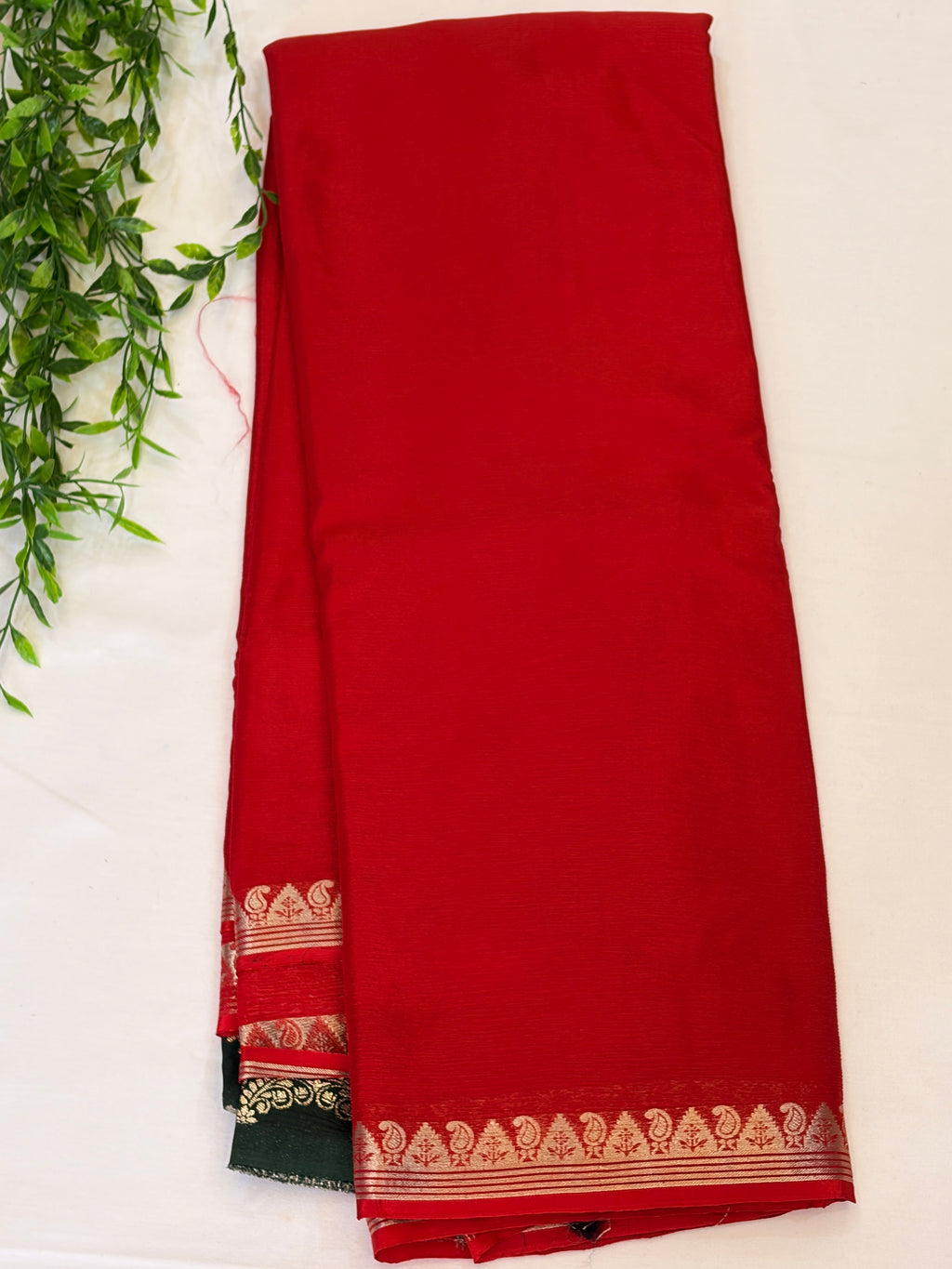 Red  Saree with Gold Paisley Zari Border