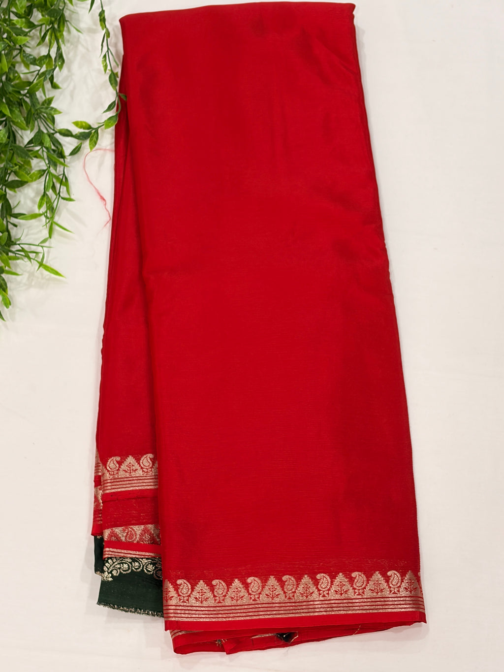 Red  Saree with Gold Paisley Zari Border