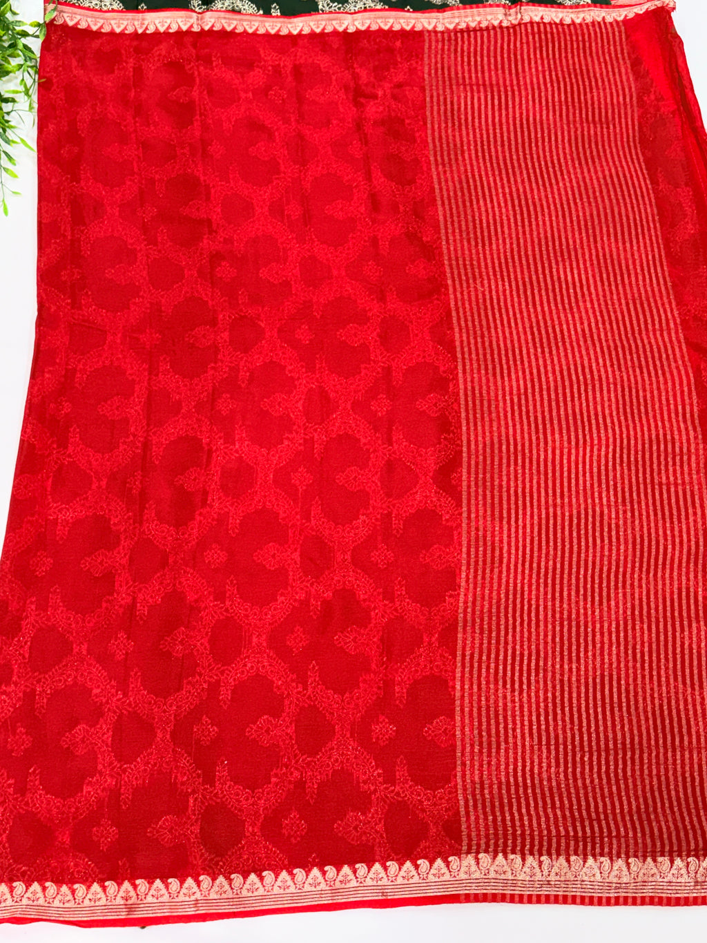 Red  Saree with Gold Paisley Zari Border