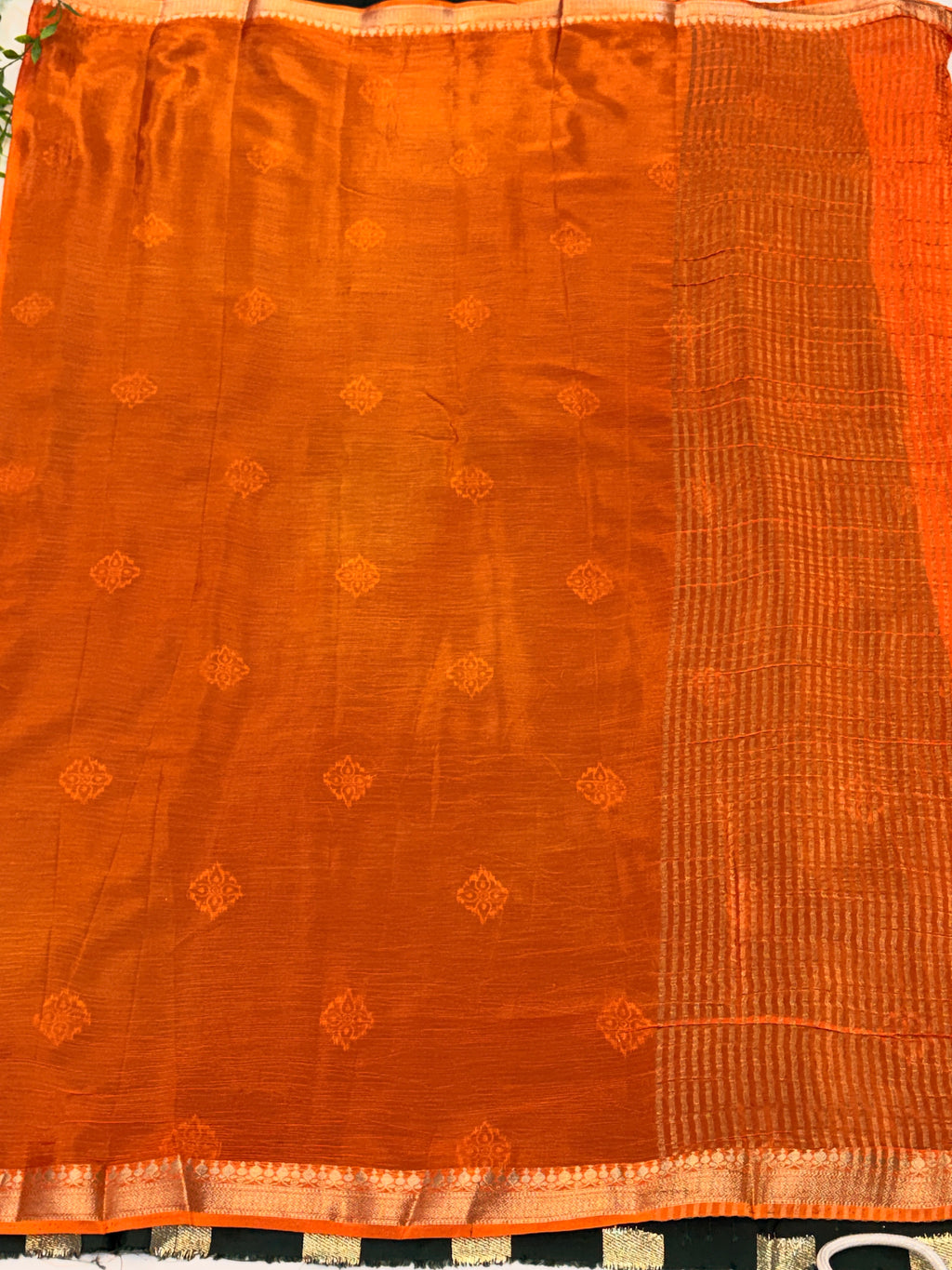 Rust Orange Saree with Contrast Green Blouse