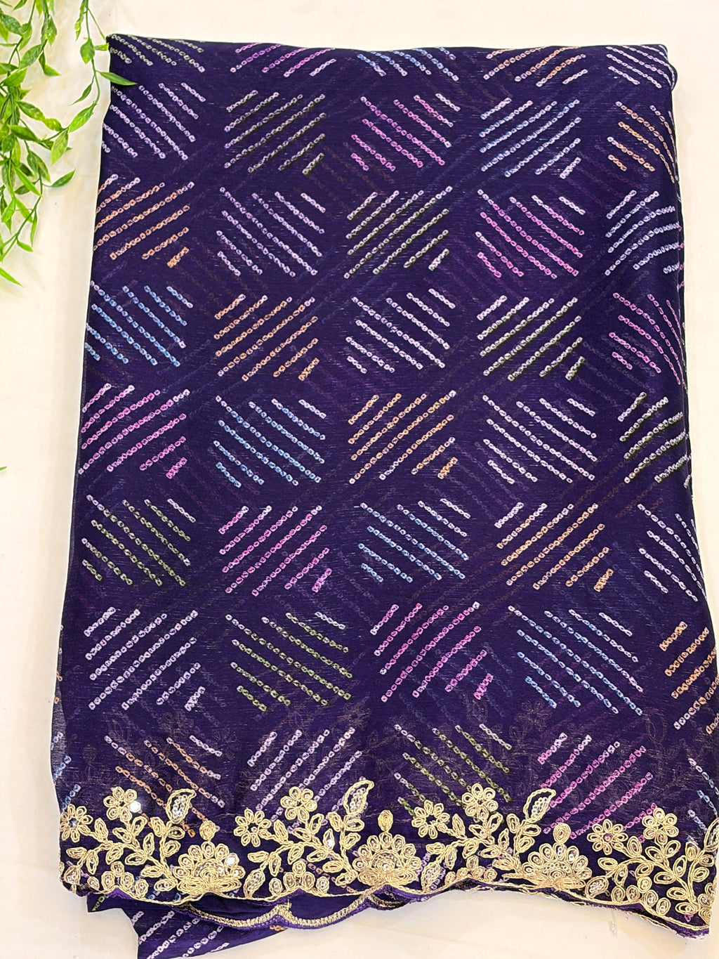 Navy Blue Bandhani Zari Lace scalloped Border