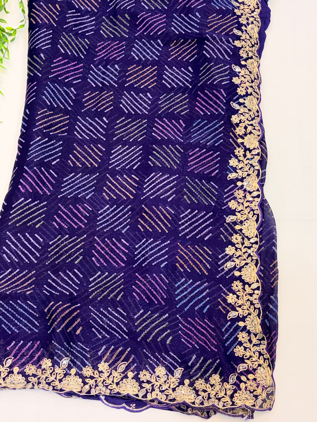 Navy Blue Bandhani Zari Lace scalloped Border
