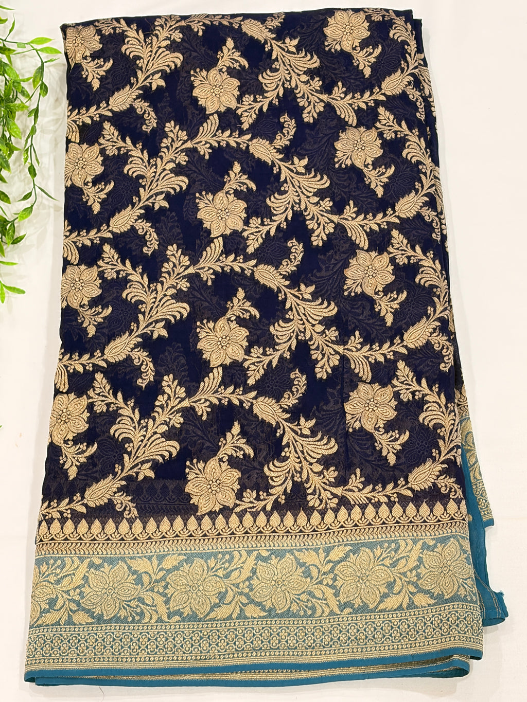 Navy Blue Khaddi Georgette Saree with Floral Zari Design