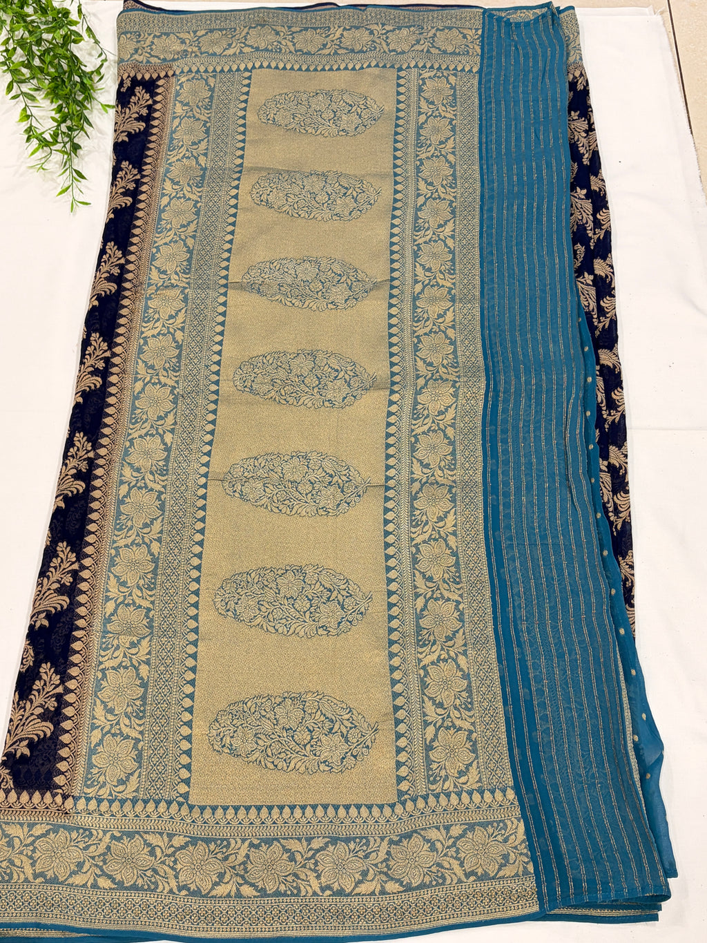Navy Blue Khaddi Georgette Saree with Floral Zari Design
