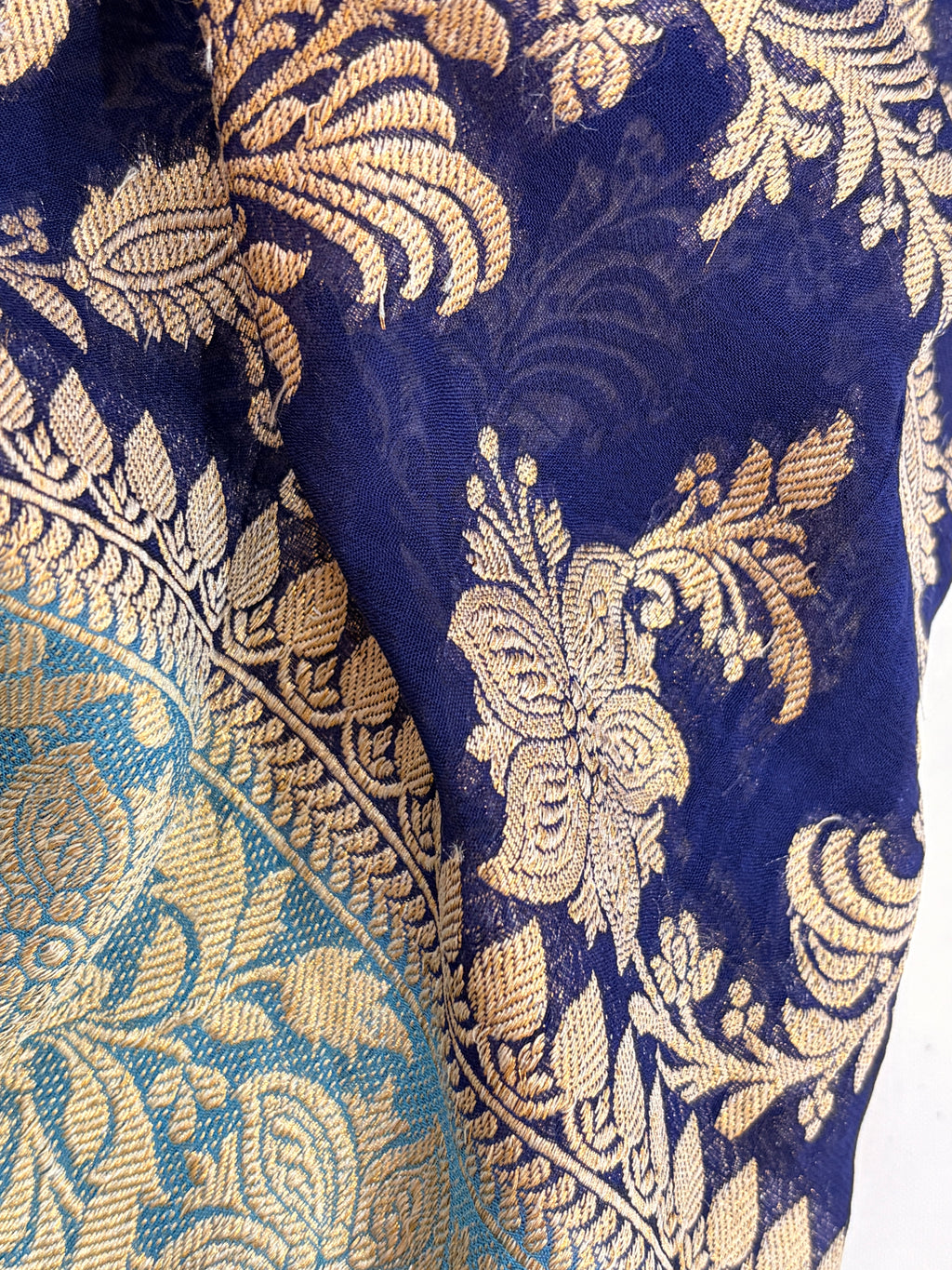 Navy Blue Khaddi Georgette Saree with Floral Zari Design
