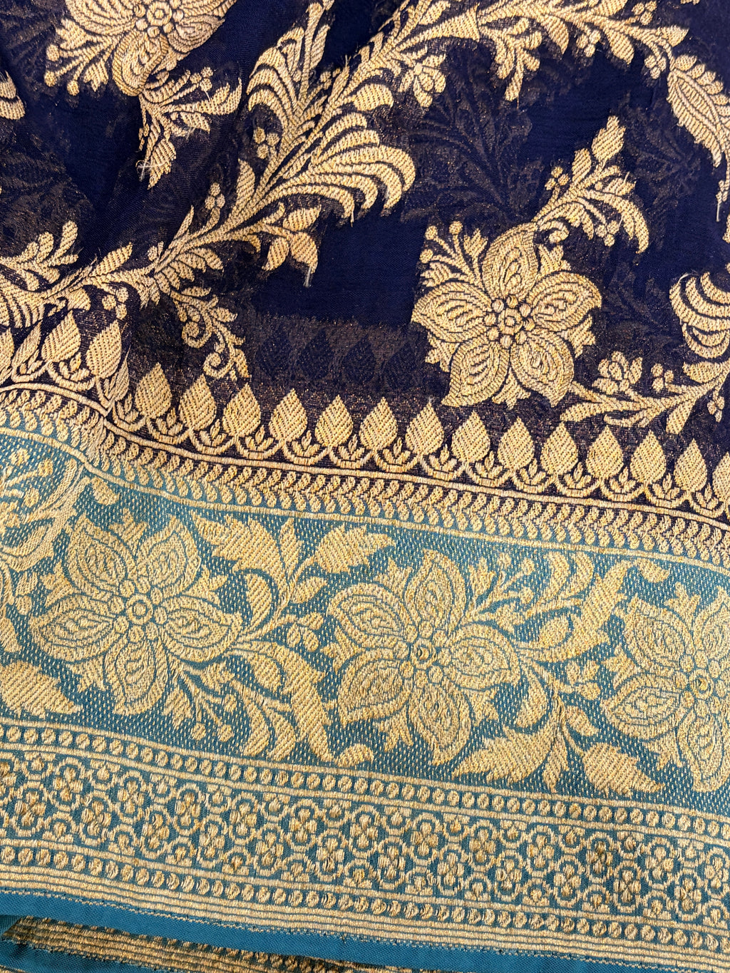 Navy Blue Khaddi Georgette Saree with Floral Zari Design