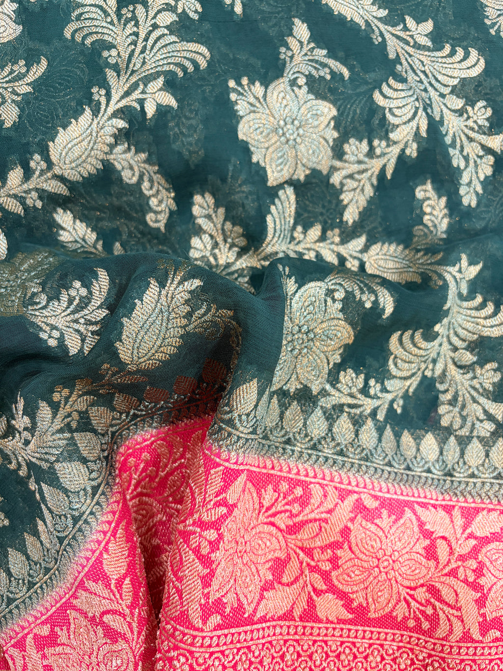 Bottle Green Khaddi Georgette Saree with Floral Zari Design