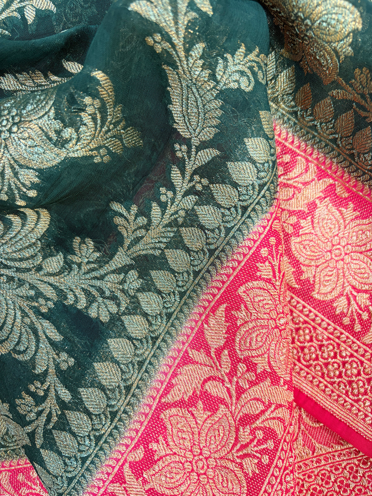 Bottle Green Khaddi Georgette Saree with Floral Zari Design