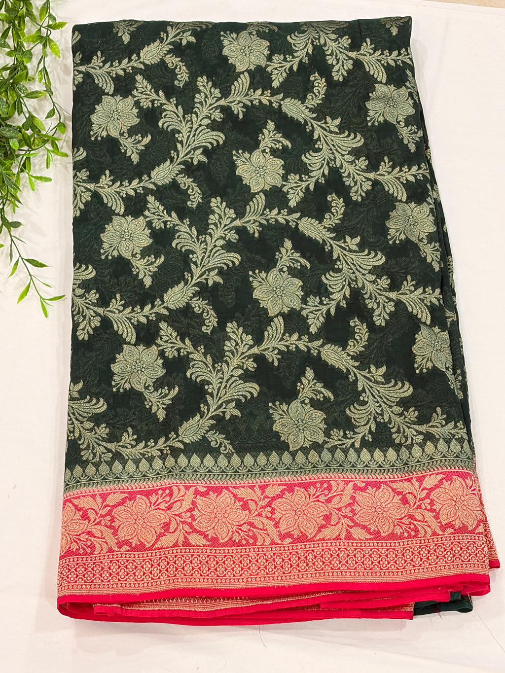 Bottle Green Khaddi Georgette Saree with Floral Zari Design