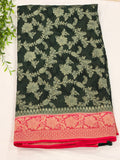 Bottle Green Khaddi Georgette Saree with Floral Zari Design