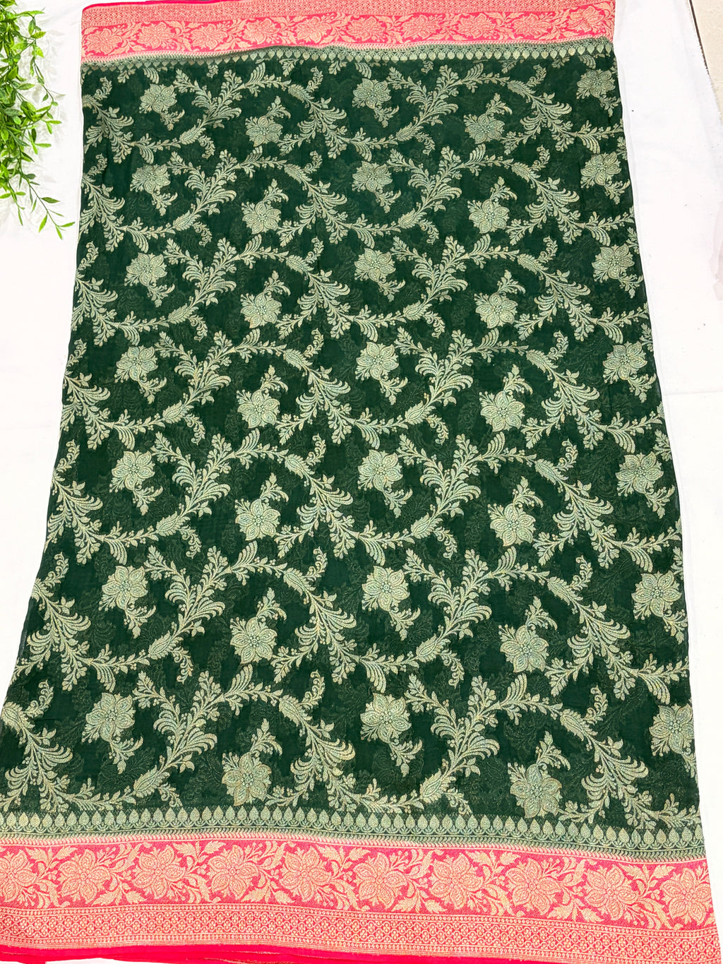 Bottle Green Khaddi Georgette Saree with Floral Zari Design