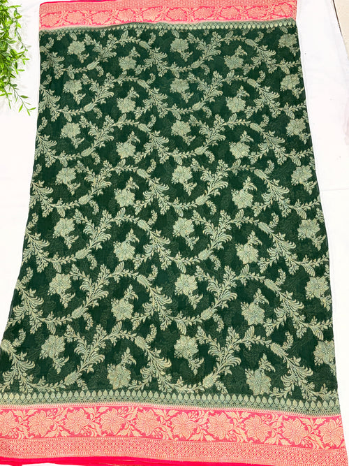Bottle Green Khaddi Georgette Saree with Floral Zari Design