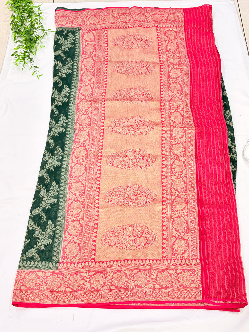 Bottle Green Khaddi Georgette Saree with Floral Zari Design