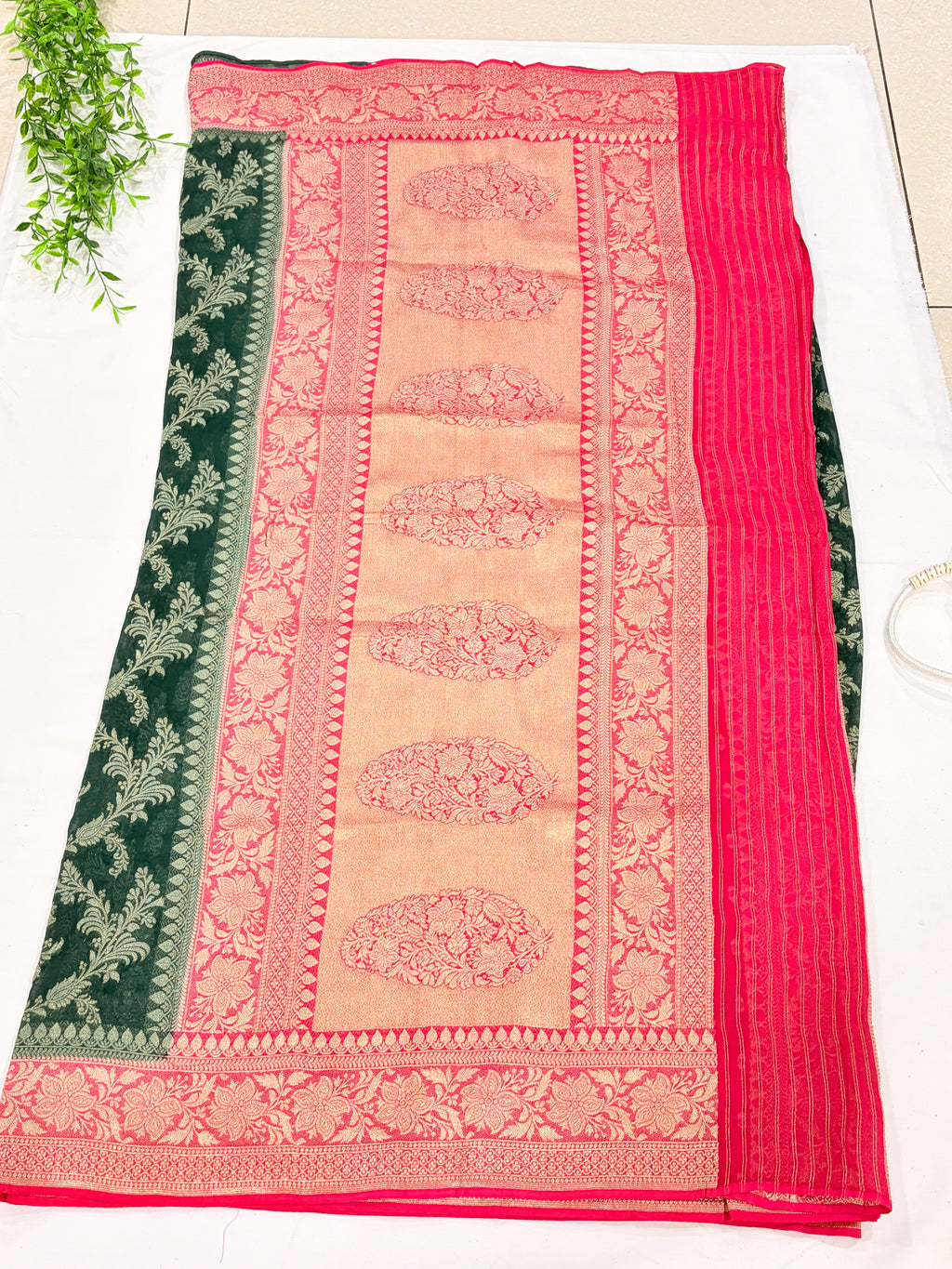 Bottle Green Khaddi Georgette Saree with Floral Zari Design
