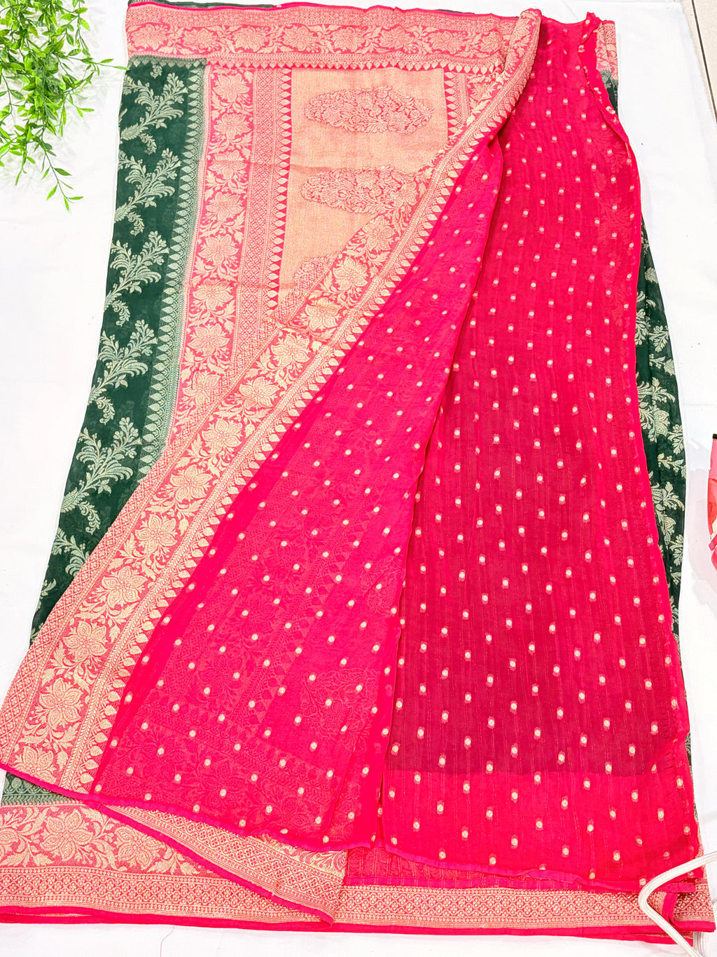 Bottle Green Khaddi Georgette Saree with Floral Zari Design