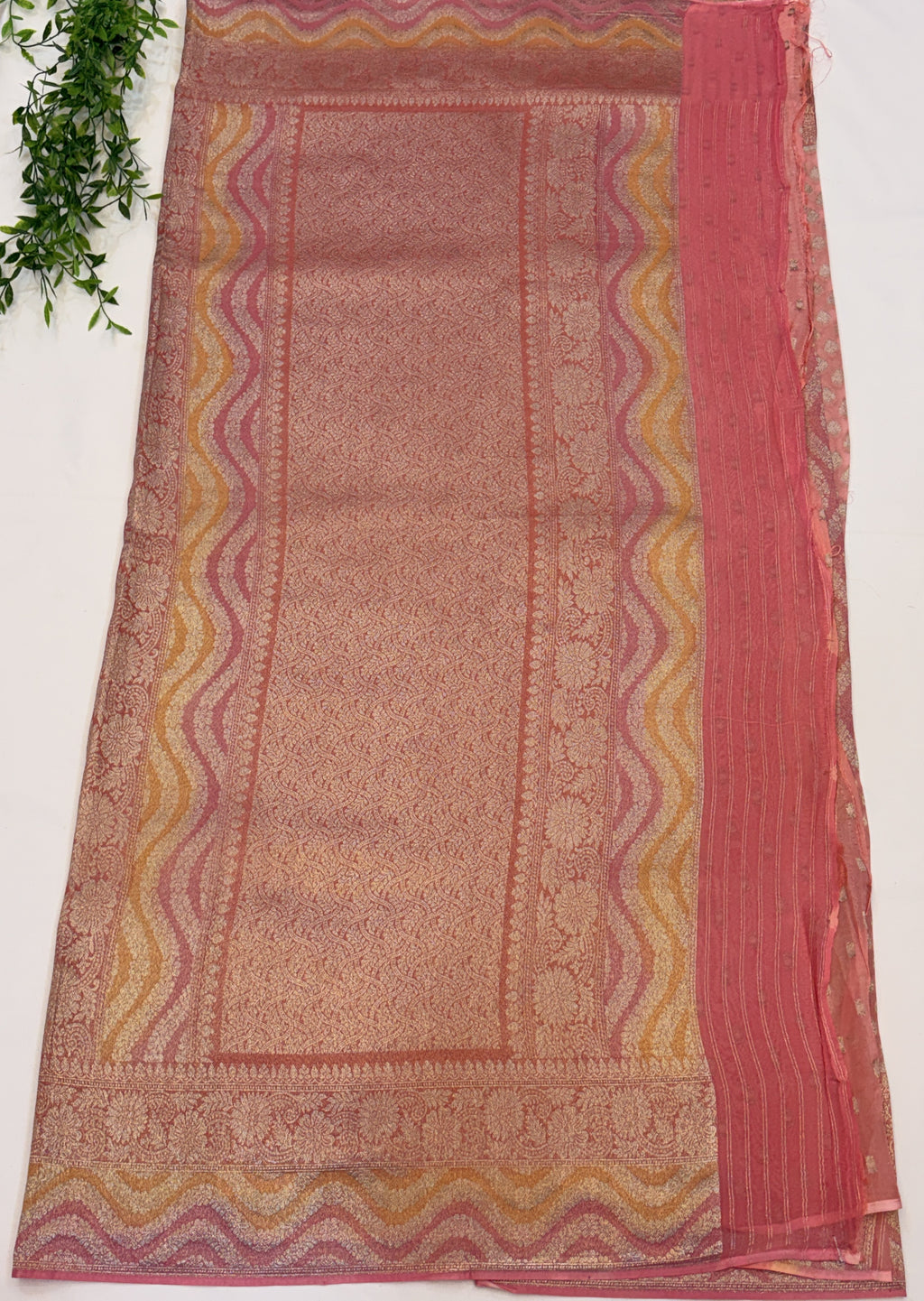 Peach Pink Khaddi Georgette Saree with Silver Buttis