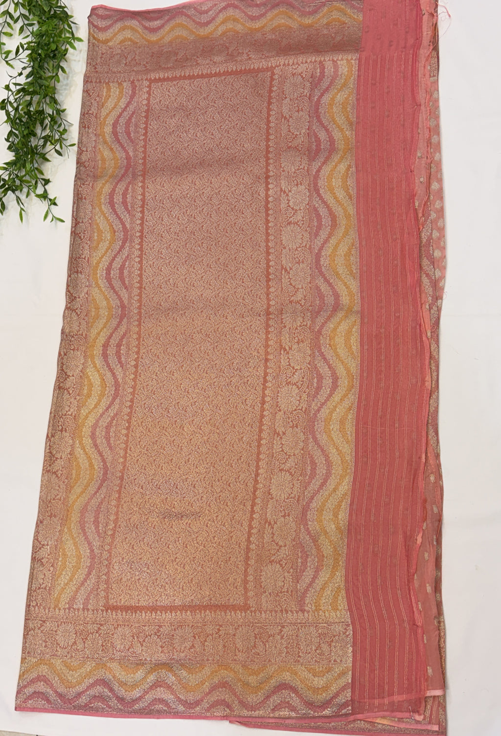 Peach Pink Khaddi Georgette Saree with Silver Buttis