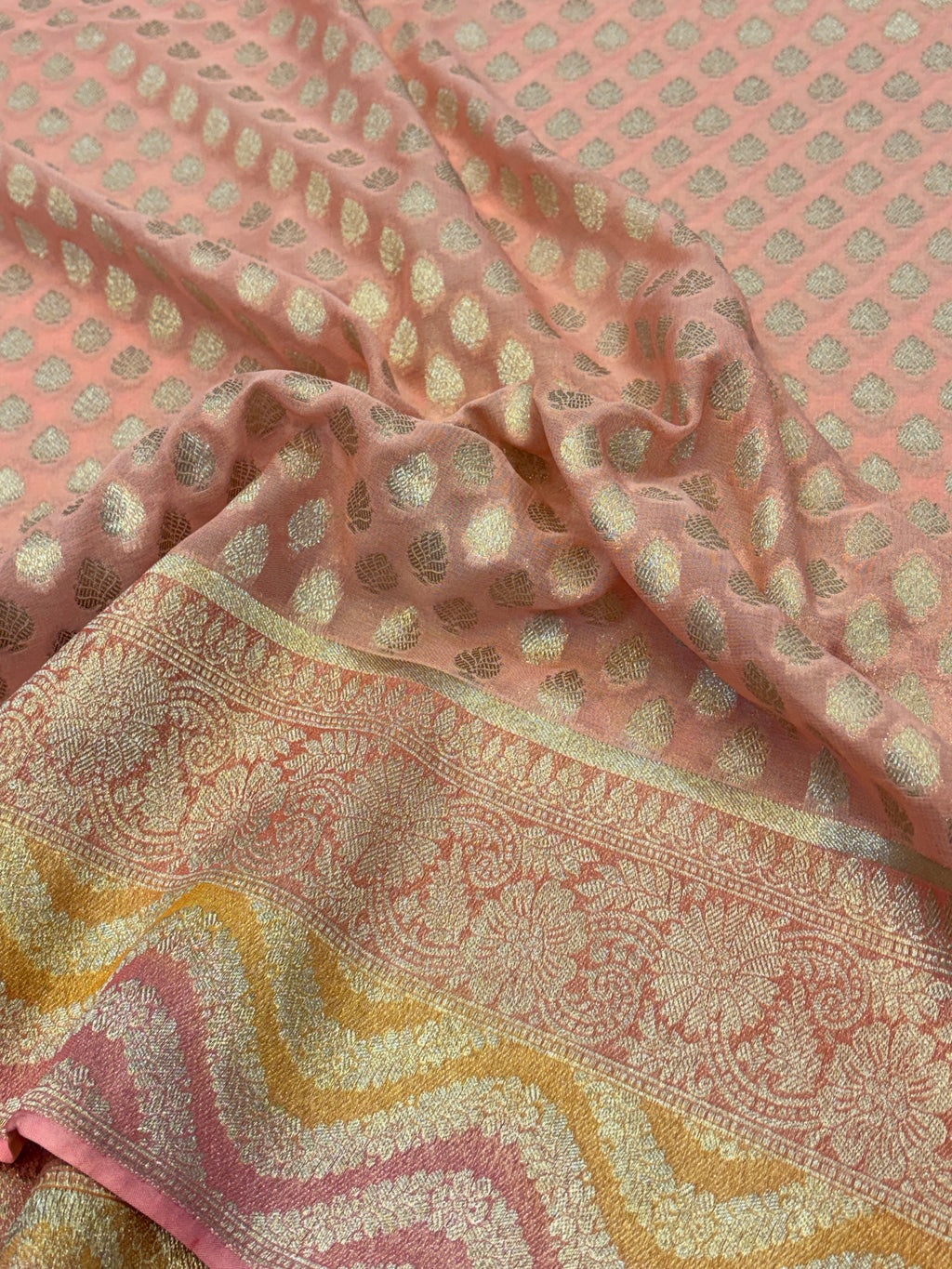 Peach Pink Khaddi Georgette Saree with Silver Buttis