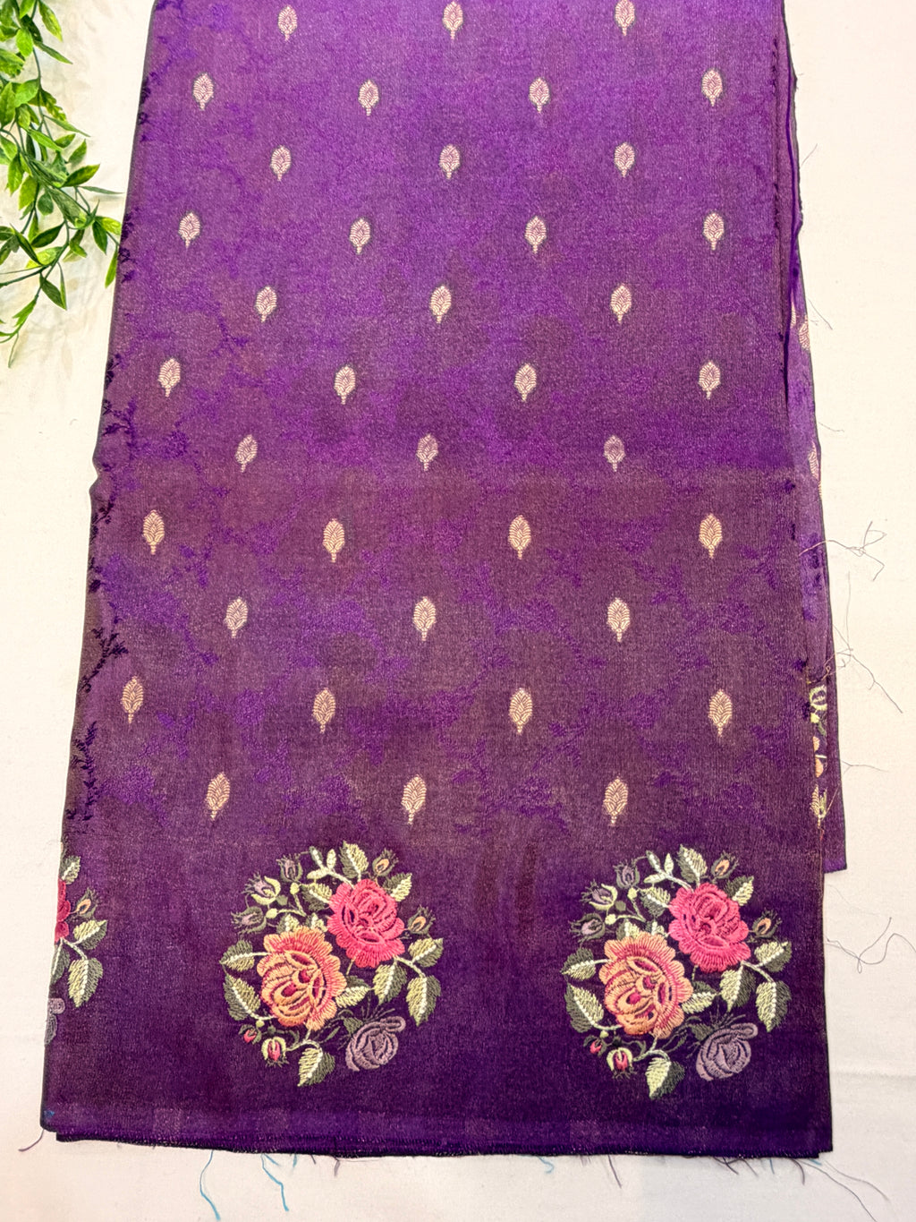 Purple Crepe Saree with embroidered Roses