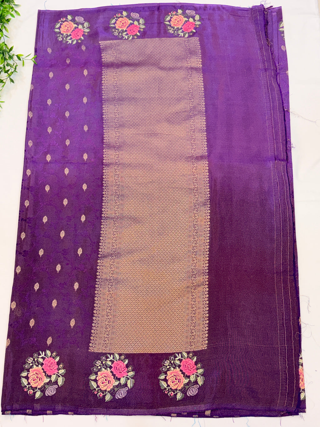 Purple Crepe Saree with embroidered Roses