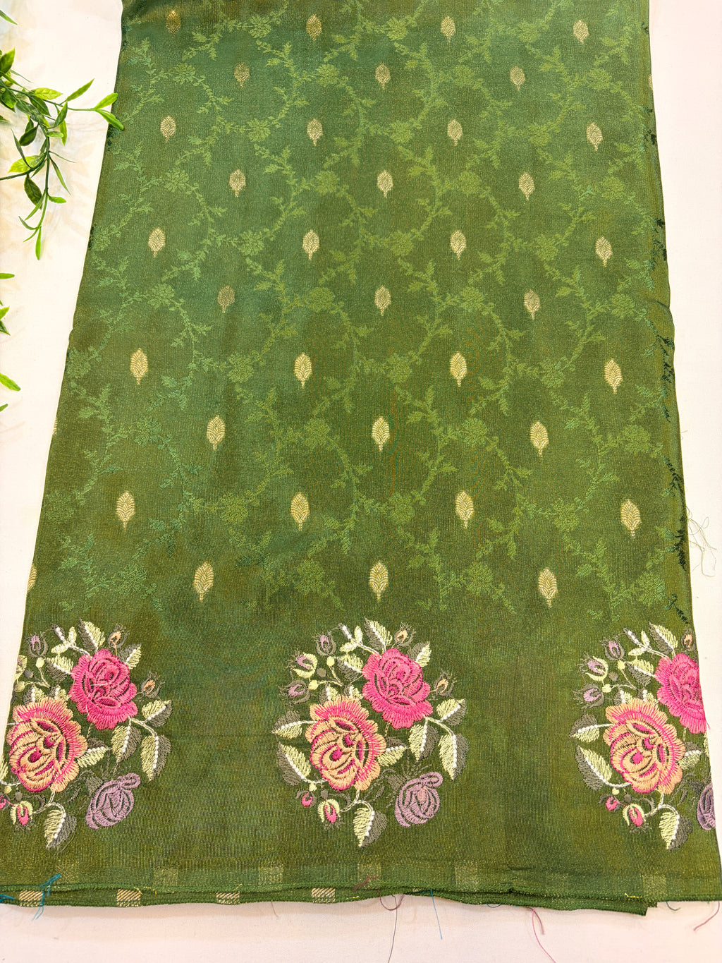 Olive Green Crepe Saree with embroidered Roses
