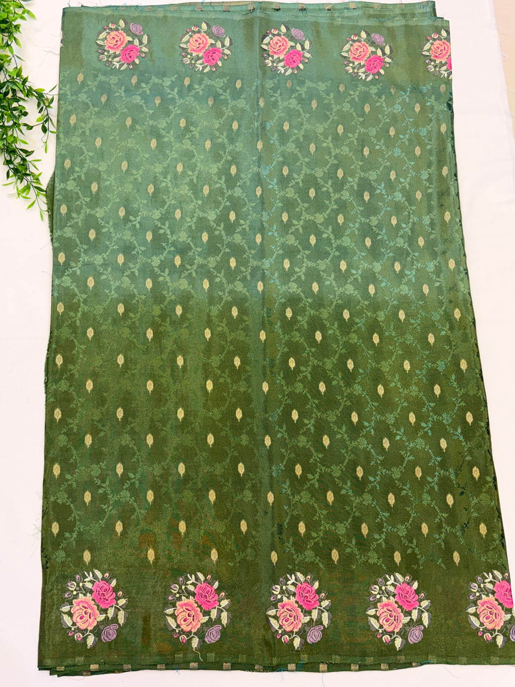 Olive Green Crepe Saree with embroidered Roses