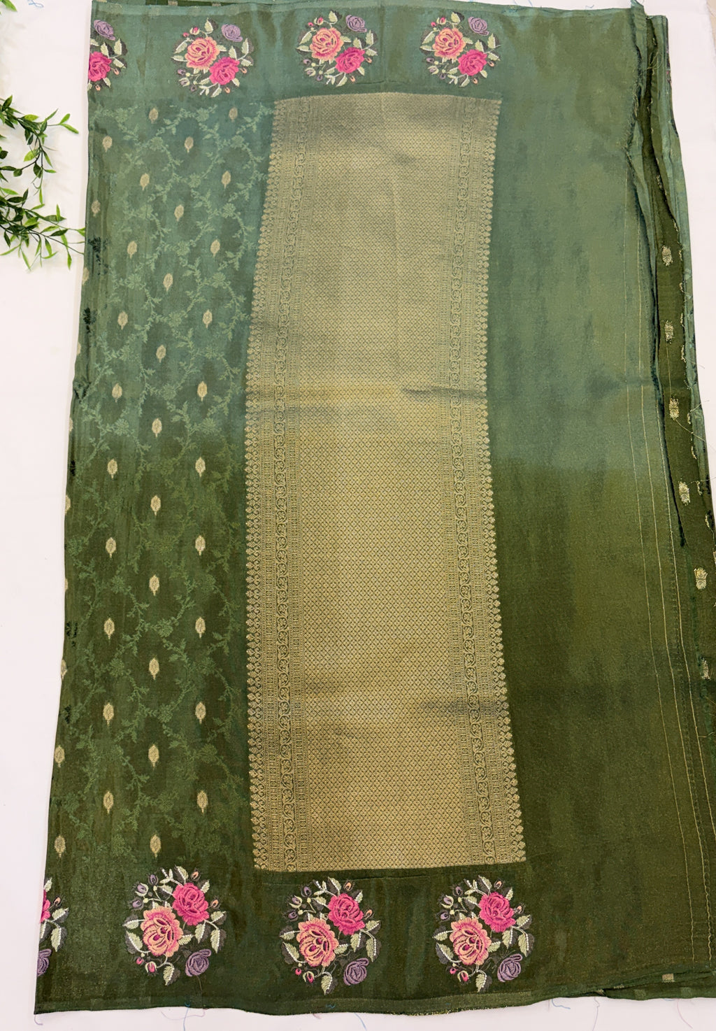 Olive Green Crepe Saree with embroidered Roses