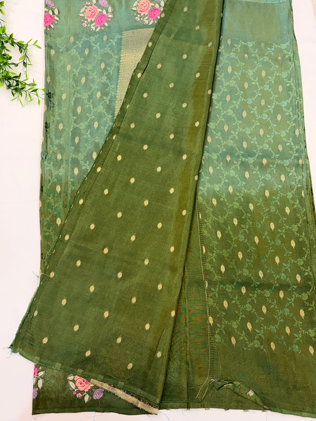 Olive Green Crepe Saree with embroidered Roses
