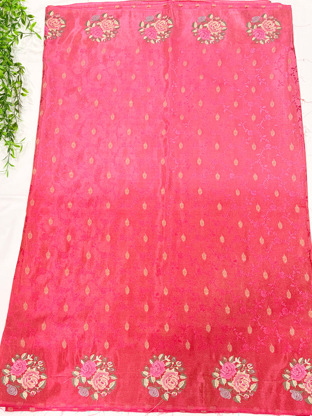 Pink Crepe Saree with embroidered Roses